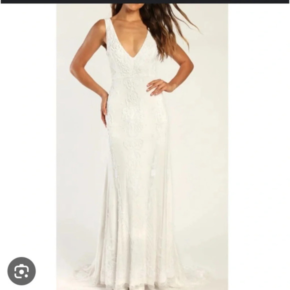 LULU'S M White Passionate Romance Beaded Sequin Mermaid Maxi Dress NEW #167 Sz M - Picture 6 of 9